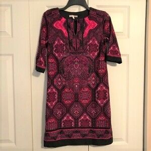 SIGNATURE CAMRYN 4 Pink Black Dress Keyhole Workwear Jewel Tone Lined 3/4 Sleeve